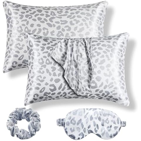 2 Pack Satin Pillowcase for Hair and Skin, Leopard Print with Envelope Closure, Satin Silk Pillow Cases (Silver, King) Cover