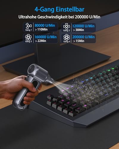 Elektrische Staubgebläse, orantronx Druckluft Air Duster 200000 U/Min, 4-Gang Einstellbare Akku Gebläse, Mini Gebläse USB-Aufladung, Reinigung für PC, Tastatur, Auto, Sofa, Laptop, Haus, Outdoor