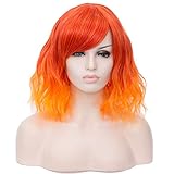 BUFASHION 14' Women Short Wavy Curly Wig Ombre Orange Bob Wig Cosplay Halloween Synthetic Wigs with Side Bang Wigs(Ombre Orange)