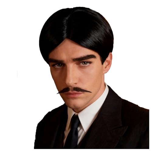 GVLAQST Mens Gangster Wig Mustache Set 1920s Short Black Straight Hair Wig Gomez Costume Halloween Party Cosplay Wigs
