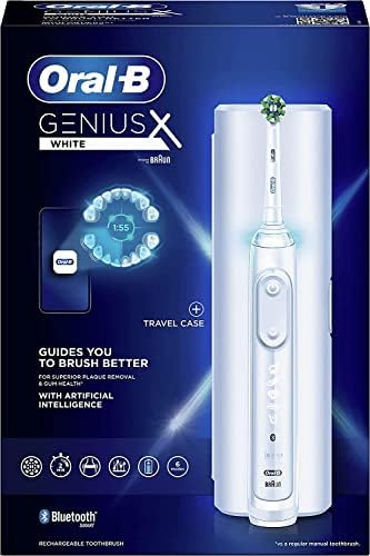 Oral-B Genius X Electric Toothbrush with Artificial Intelligence, App Connected Handle, 1 Toothbrush Head & Travel Case, 6 Mode Display with Teeth Whitening, 2 Pin UK Plug, White