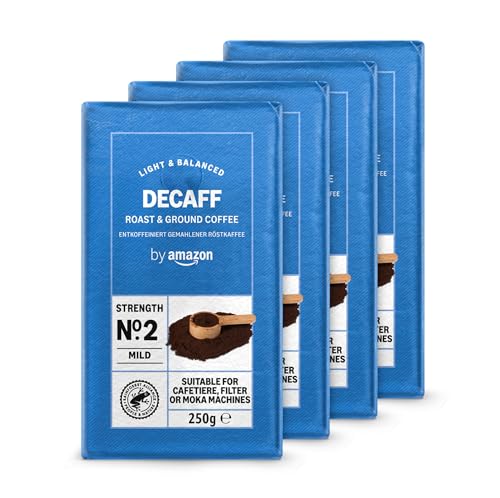 by Amazon Café moulu décaféiné Decaffeinato, torréfaction légère, 1kg, 4 lot de 250g - Certifié Rainforest Alliance