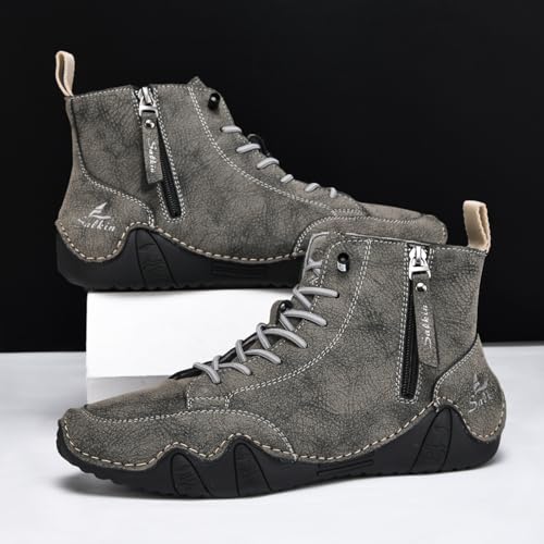 Men's Casual Leather Hand Stitching Lace up Ankle Boots With Side Zipper Lightweight Slip on Comfortable Non-Slip Chukka Boots Business Driving Dress Walking Shoes4