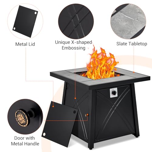 28 Inch Propane Fire Pit, Outdoor Gas Fire Pits Table 50,000BTU Squre Firepits Table with Lid and Lava Rock for Yard Patio Garden Outside Party