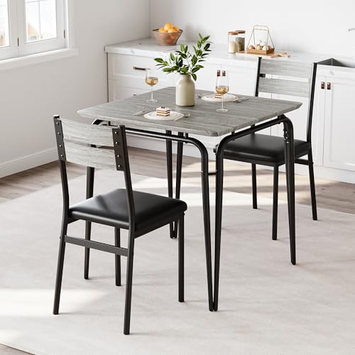 GarveeMore Esstisch Set Für 2 Quadratische 3-Teilige Esszimmer Mit 2 Stühlen Platzsparende Moderne Küchenmöbel Für Kleine Räume & Apartments Grau