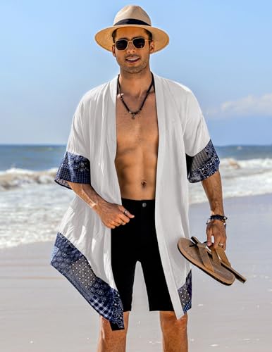 COOFANDY Men's Ruffle Shawl Collar Cotton Cardigan Long Kimono Jackets Open Front Drape Cape Coat, White, X-Large