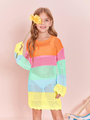 Image of Batermoon Girls Crochet Long Sleeve Swimsuit Cover Up Kids Fashion Hollow Out Swimwear Beach Dress 5-14 Years