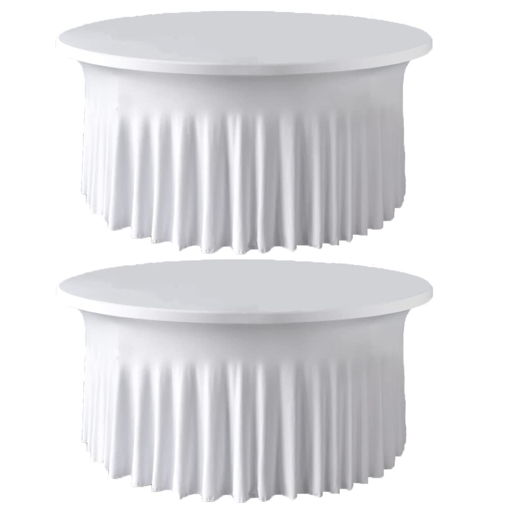 Gowinex 2 Pack White 6ft 72inch Round Spandex Tablecloth Stretch Fitted Table Cover with Skirt for Wedding Party Decoration