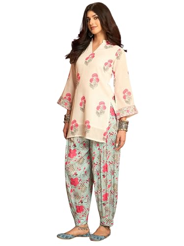 Image of EthnicJunction Women's Linen Floral Print Summer Wear Straight Short Kurti with Afghani Pant Set | Co Ord Set for Women Stylish | Fusion wear Women