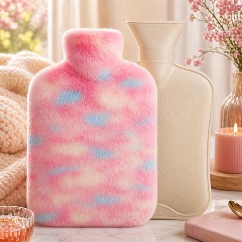 Image of Hot Water Bag with Soft Plush Cover 2000ml, Medical Grade Silicone Hot Water Bottle for Period Cramps, Hot & Cold Therapy, Back Pain, Muscle Aches, Body Relaxation Heating Pad (Rainbow Swirl)