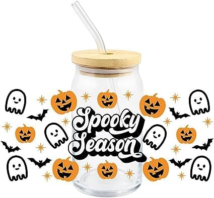 Adhesivo de transferencia UV DTF de Halloween para tazas de vidrio de 16 oz, calcomanías de transferencia de Halloween para manualidades, papel de