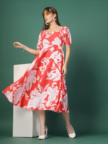 Image of OOMPH! Below Knee Shift Pink Dress in Crepe Fabric with Round Neck and Puff Sleeves - md619l