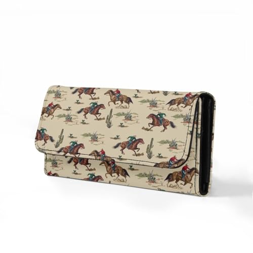 Image of AFPANQZ Horse Cactus Print Women's PU Leather Three Fold Wallet, Long Trifold Clutch Purse, Credit Card Money Organizer with ID Window