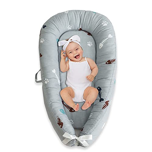 Baby Lounger Cover,Newborn Lounger Cover for Baby, Baby Nest Cover,Snugly Fit Infant Lounger for Baby, Infant 100% Cotton Breathable Sleeping Bed Cover for Newborn (Grey Fish Bone)
