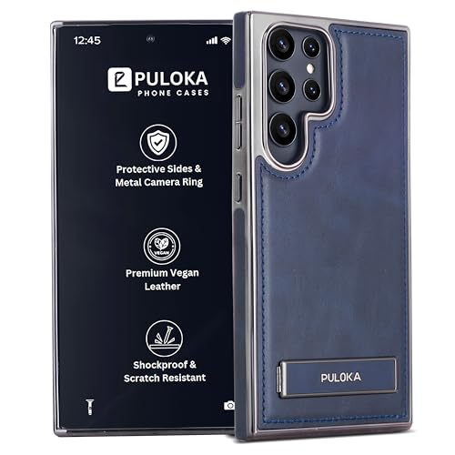 Image of PULOKA Chrome Leather Back Case - Compatible with Samsung Galaxy S25 Ultra - Luxury Bumper Case - Flexible Vegan Leather - Electroplated Sides - Full Camera Protetection & Raised Edges - Blue