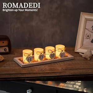 Romadedi farmhouse centerpiece candle holder decor rustic wooden tray with 4 glass tealight candles holders for coffee table home decorations living room fireplace kitchen housewarming gifts  urban country home decor