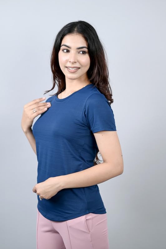 Image of Mlada Luxury Athleisure T Shirt Polyester Stretch Knit T-Shirt Full Length Moisture Wicking, Breathability, Compression for Gym, Workout and On-The-Move for Women