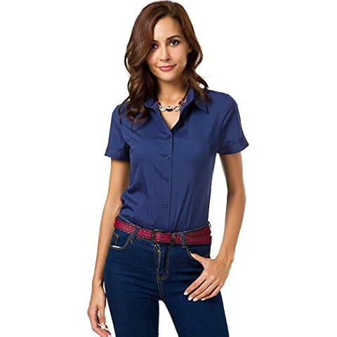 Atnlewhi Women's Short Sleeve Button Down Shirts Simple Collared Work Office Stretch Formal Casual Blouses, darkblue, XXL Cover