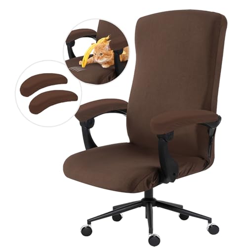 Image of Stretch Computer Office Chair Cover with Armrest Covers Durable Zipper Universal Washable Removable Spandex Rotating Boss Chair Slipcovers Anti-dust Soft Desk Chair Seat Protector, Mocha