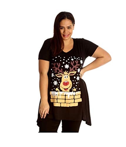 H&F ® Women’s Ladies Short Sleeve Round Neck Snowflake Reindeer Hanky Xmas Top Rudolph Reindeer Christmas Print T-Shirt Sizes 14 16 18 20 22 24 26 28 Black