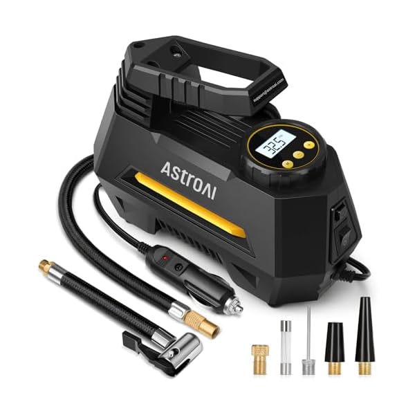 AstroAI Tire Inflator Portable Air Compressor Air Pump for Car Tires-Car Accessories, 9.8Ft Cord-12V DC-Powered Auto Pump with Digital Pressure Gauge, Emergency LED Light for Bicycle, Balloons, Yellow