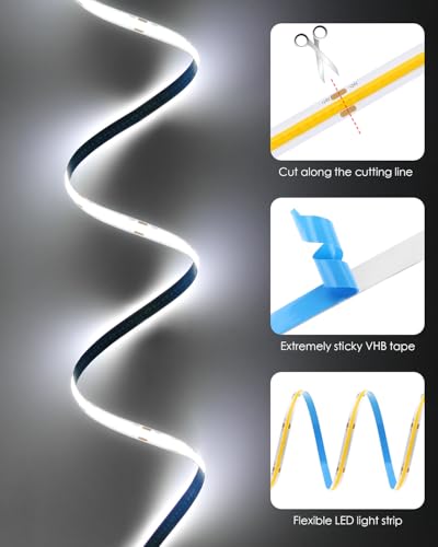 Image of Aclorol COB LED Strip Light 32.8FT 24V Cold White 6000K Dimmable Brightness | Flexibel LED Tape Lights with Power Supply and Remote, Dotless Light Strip for Kitchen Cabinet Mirror DIY Lighting Project