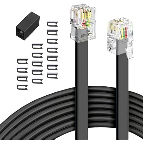 moeverEX Phone Cord 50FT, Landline Telephone Cable with RJ11 Plug, Includes Telephone Inline RJ11 Splitter and 20Pcs Cable Clips(Black) Cover