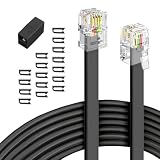 moeverEX Phone Extension Cord 25 Ft, Telephone Cable with Standard RJ11 Plug and 1 in-Line Couplers and 20 Cable Clip Holders, Black