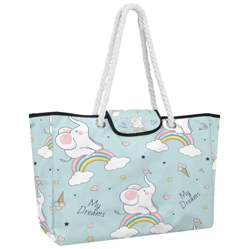 VAPOKF Bolso de mano grande para mujer, bolso de hombro con asa superior para viajes, trabajo, escuela, compras, elefantes bebés en arco iris, multicolor, 14.5x20.8x5.5in/37x53x14cm