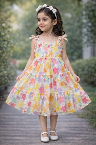 Image of Buy & Try Girls Printed Georgette Frock, Sleeveless Summer Dress, Lightweight Knee Length Baby Girl Dress, Casual Outfit, Soft Comfortable Fabric, Stylish Kids Wear