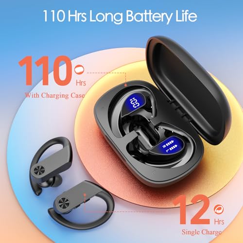 Wireless Earbuds Bluetooth Headphones 110Hrs Playback Sports Ear Buds with 2200mAh Charging Case & Dual Power Display Over-Ear Stereo Bass Earphones with Earhooks for Running Workout Black - Image 4