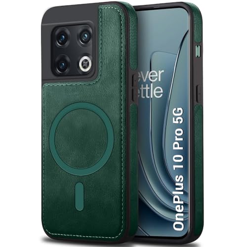 Image of TheGiftKart Genuine Leather Finish Back Cover Case for OnePlus 10 Pro 5G | ShockProof Design | Raised Edges for Camera & Screen Protection | Stunning Minimalist Design Case (MagSafe Compatible, Green)