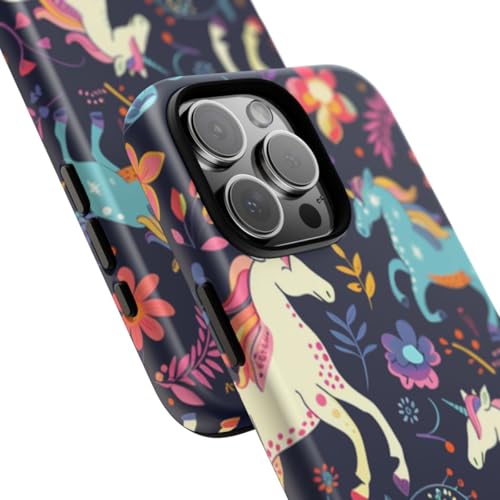 Coque iPhone 16 Pro Max bleu rigide mate motif floral et licorne colorée - 2