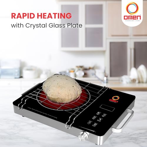 Image of Omen Changing Lives 2000W Infrared Cooktop With Stainless Steel Grill Rack | Crystal Glass | Touch Control | Digital Display | 3 Preset Menus | Adjustable Temperature Knob | 1 Year Warranty (Silver)