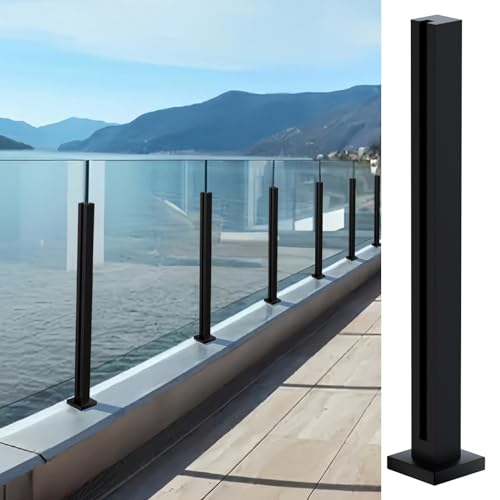 Cvter Glass Railing Post, No-Punch Heavy-Duty Glass Railing with Spigot Slots & Base, 304 Stainless Steel Clamp Bracket for Deck Balusters, Balcony, Patio, Stairs, Black, 27.6in, 70cm End Post