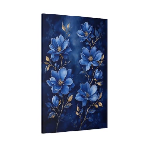 Toile fleurs bleues et or grand format 80x120 cm décoration murale verticale salon