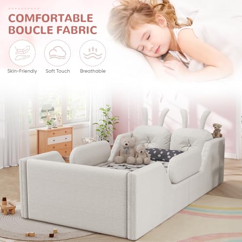 Image of Twin Size Kids Bed with Rabbit Cushions, Upholstered Boucle Fabric Platform Floor Twin Daybed with Removable Side Rail, Space-Saving Wooden Corner Sofa Couch Bed Frame for Girls, Boys, Teenager(White)