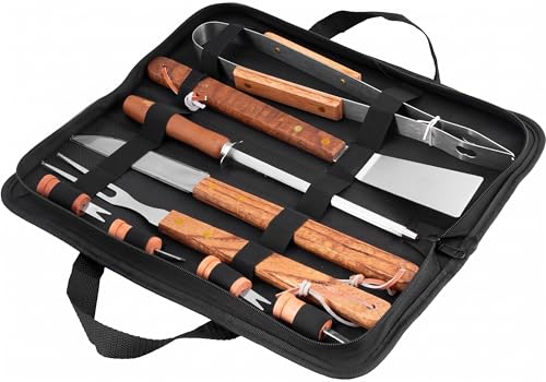 Kit Churrasco 10 Peças OASIS em Aço Inox com Estojo e Cabo de Madeira Utensílios Profissionais para Churrasqueira