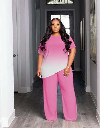 Women's Plus Size Two Piece Outfits Sweatsuits Sets Casual Short Sleeve Tops Baggy Wide Leg Pants Tracksuit Sets3