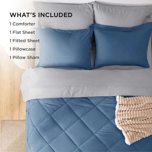 Image of Bedsure Twin Comforter Set - 5 Pieces Reversible Slate Blue Bedding, Twin Size Bed Set for All Seasons, Bed in a Bag with Down Alternative Comforter, Sheets, Pillowcase & Sham