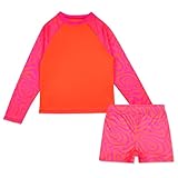 Girls Swim Set with Long Sleeve Rash Guard, Swim Shorts (Neon Pink/Orange Swirl, Size 6-7 Years)