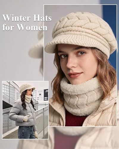 Image of 3-Pieces Winter Hat Gloves Scarf Set, Knit Warm Beanie Hat Neck Warmer Touch Screen Mittens for Women