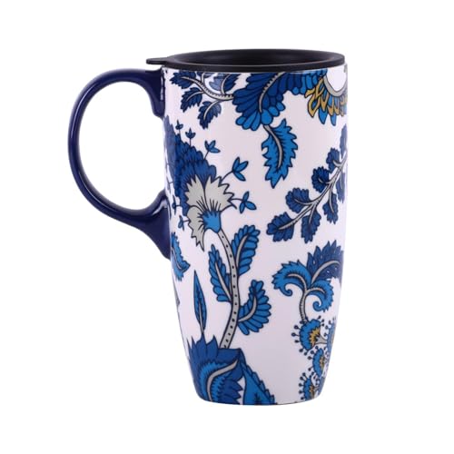 Topadorn Ceramic Mug with Lid and Handle,17oz. Tall Coffee Cup for Home,Party and Birthday, Blue Flower