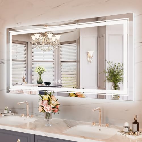 Image of WTTY 60 inchx30 inch LED Bathroom Mirror with Lights, Backlit and Front Lighted Bathroom Vanity Mirrors Wall Mounted, Double LED Vanity Wall Mirror for Bathroom with Anti-Fog, Dimmable, Memory, Shatter-Proof