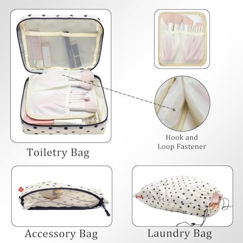 U+U 8 Set Compression Packing Cubes - Ultralight Travel Organizers with Laundry Bag and Cosmetic Bag, Space-Saving Suitcase Organizer for Travel, Business Trip and Family Vacation (Polka Dot)4