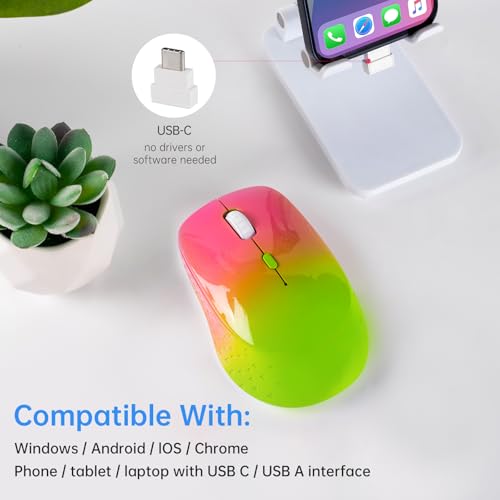Wireless Mouse,USB-C & USB-A Dual Receiver Silent Rechargeable Mouse,Ergonomic Portable Optical Mouse for MacBook, iPad, Tablet, Laptop, PC–Gradient Pink Green - image 4