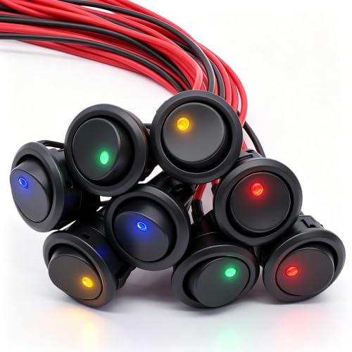 Twidec/8Pcs SPST Round Dot Lighted Rocker Switch Toggle Control for Car Or Boat 20A 12V DC On/Off 4 Colors LED Light with Pre-soldered Wires KCD2-102N-4C-X
