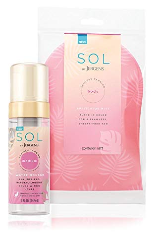 SOL by Jergens Self-Tanner Applicator Mitt, Flawless, Streak-free Tanning Blender Glove, Reusable Ta with Medium Water Mousse, 5 Ounce, Water-based Self Tanner with Coconut Water