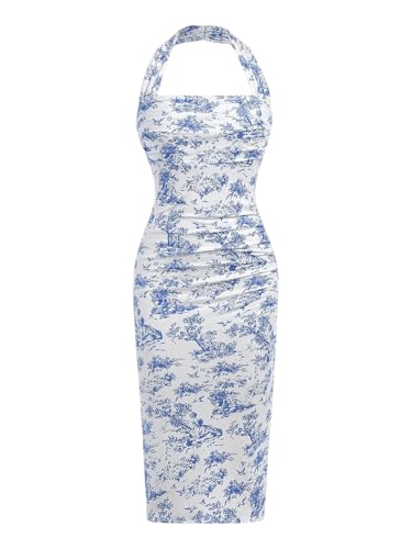 GORGLITTER Girl's Floral Bodycon Midi Dress Boho Ruched Halter Split Thigh Summer Dresses 8-12Y