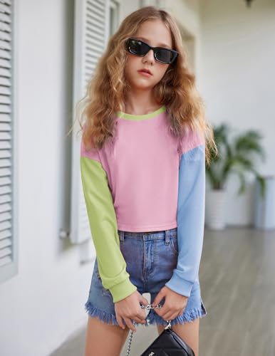 Image of Arshiner Girls Crop Tops Kids Long Sleeve Pullover Sweatshirts Girls Cropped Crewneck Sweatshirt for Teen Girl